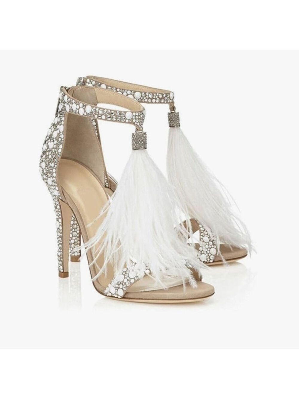 Elegant Tan Rhinestone and Feather Embellished Open Toe Heels - Size 37 Euro